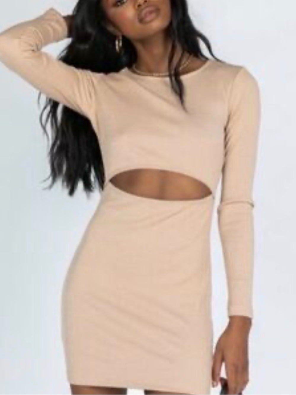 Princess Polly Beige Ribbed Cutout Mini Dress Womens US 6 Long Sleeve